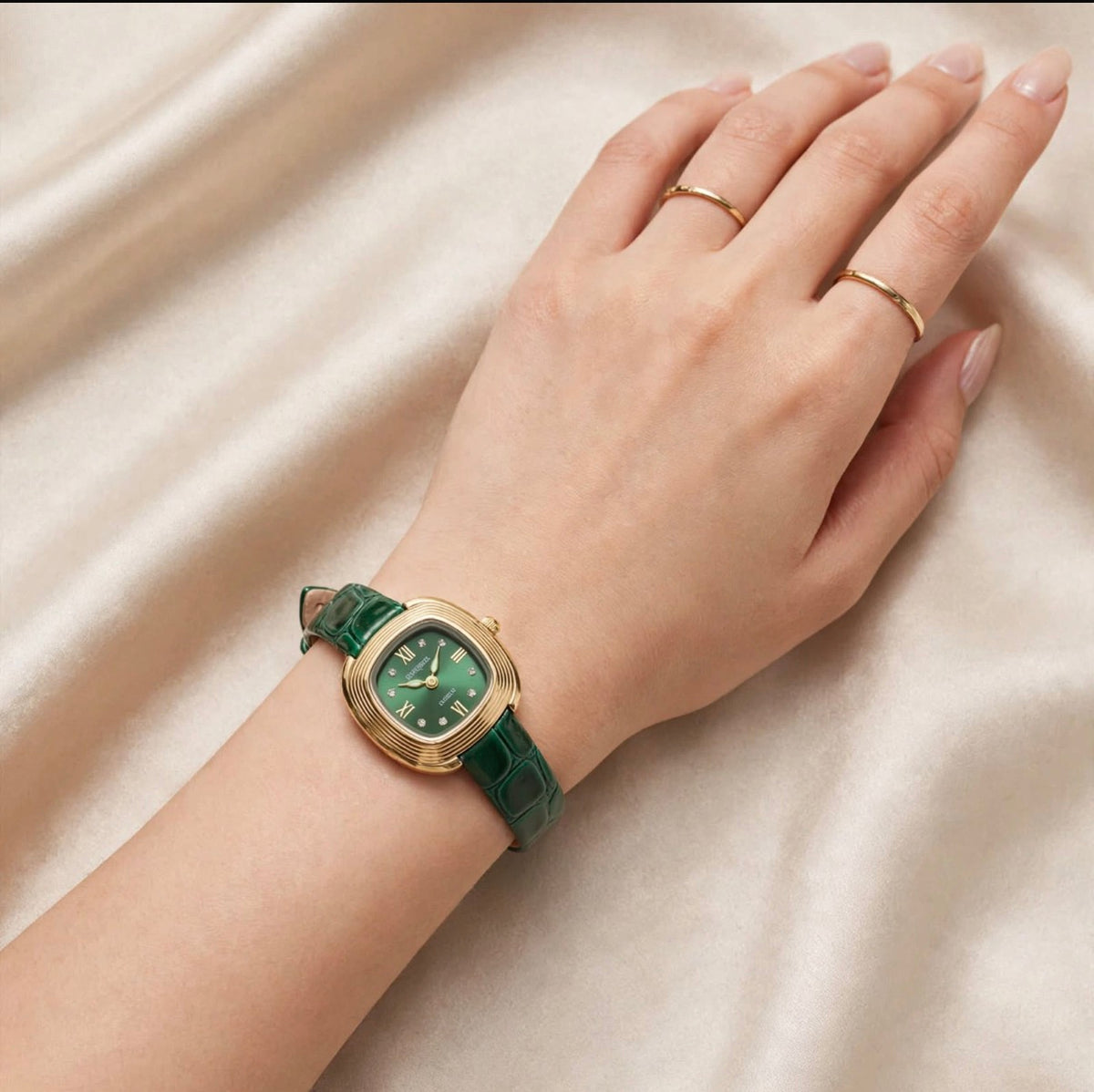 Royale gold-tone square dial watch with green strap