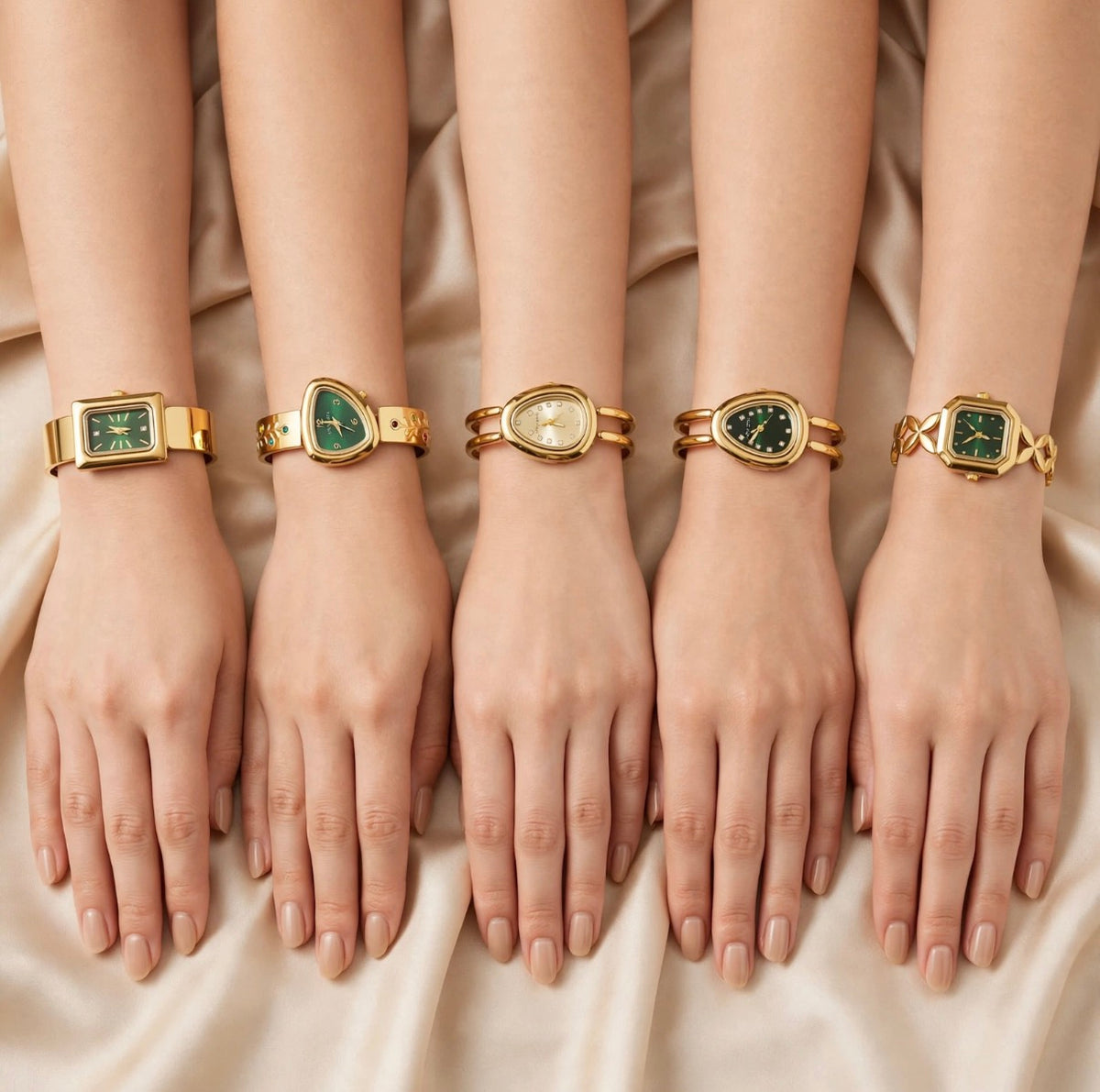 Aly women’s vintage gold-tone watches worn on wrists